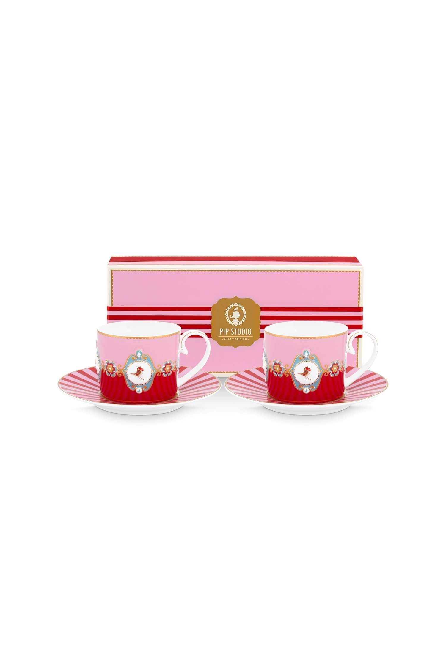Set/2 Cups & Saucers Love Birds Medallion Red-Pink