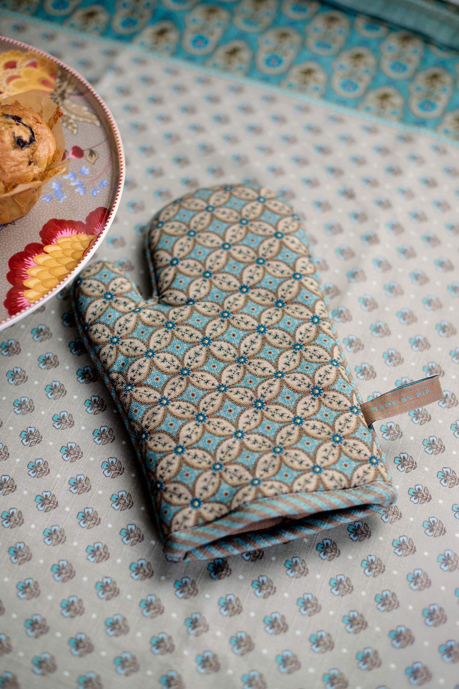 Oven Glove Blooming Tales Khaki-Blue
