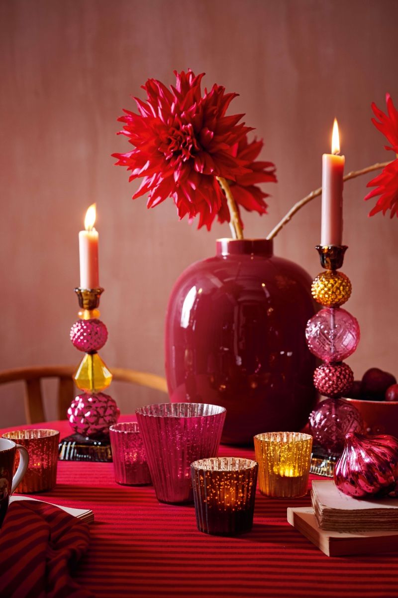 Candle Holder Glass Bead Red/Yellow 30cm