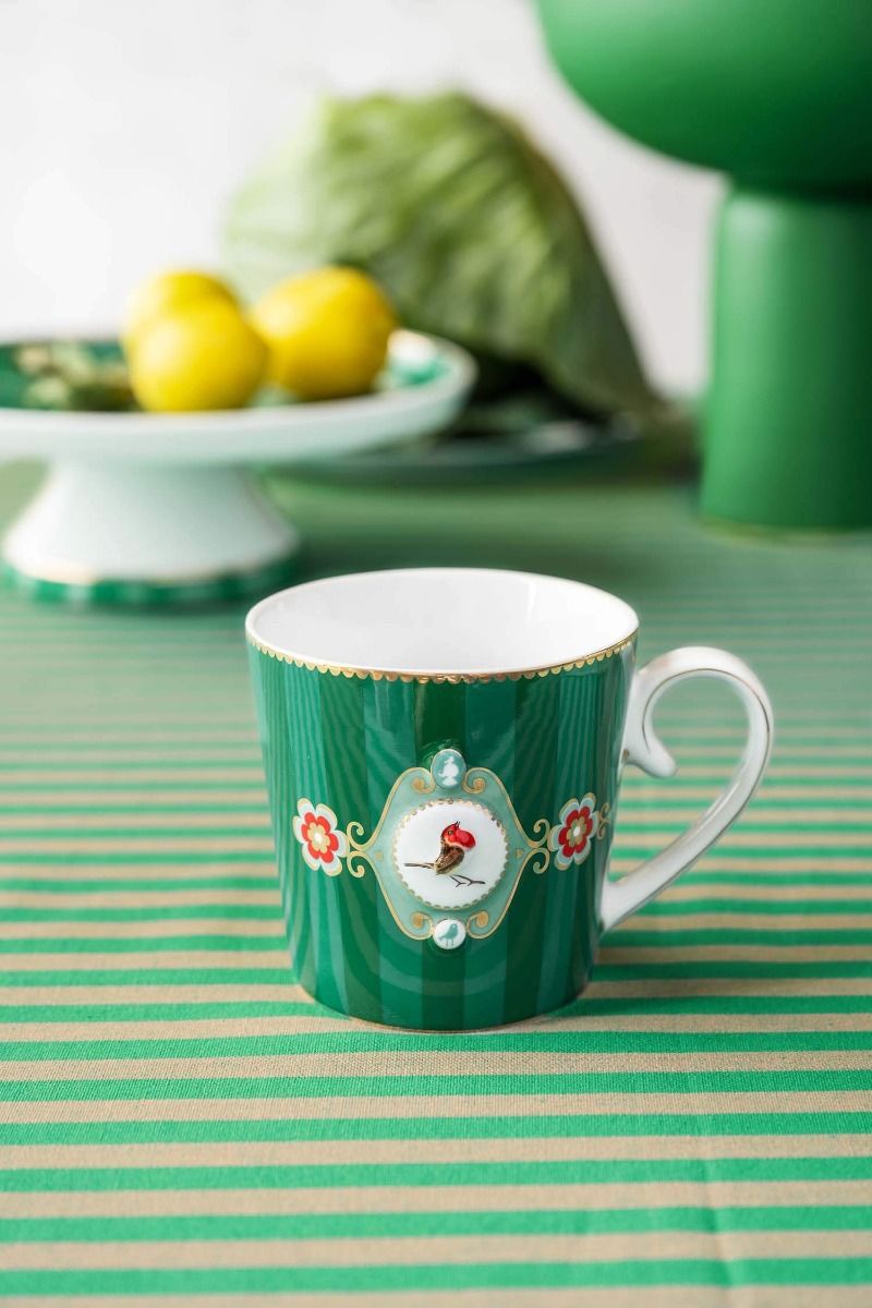 Mug Large Love Birds Medallion Stripes Emerald-Green