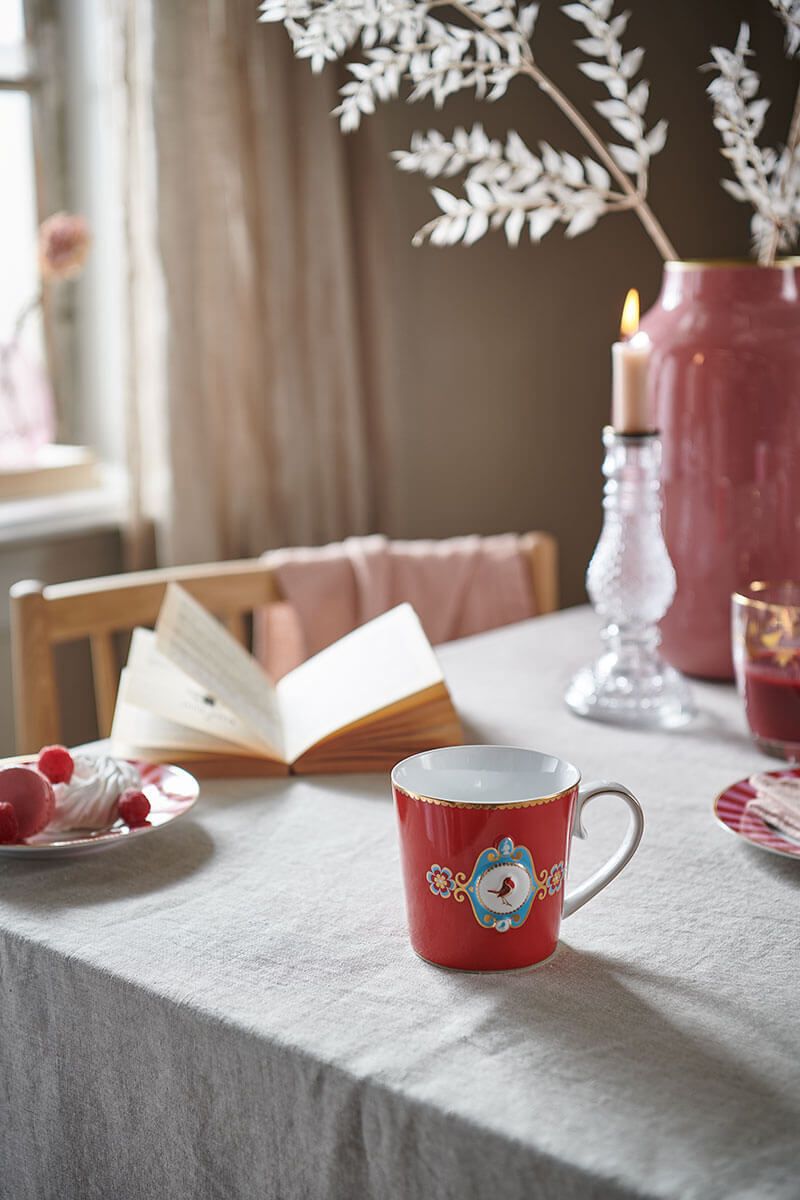 Set/2 Mugs Large Love Birds Medallion Red