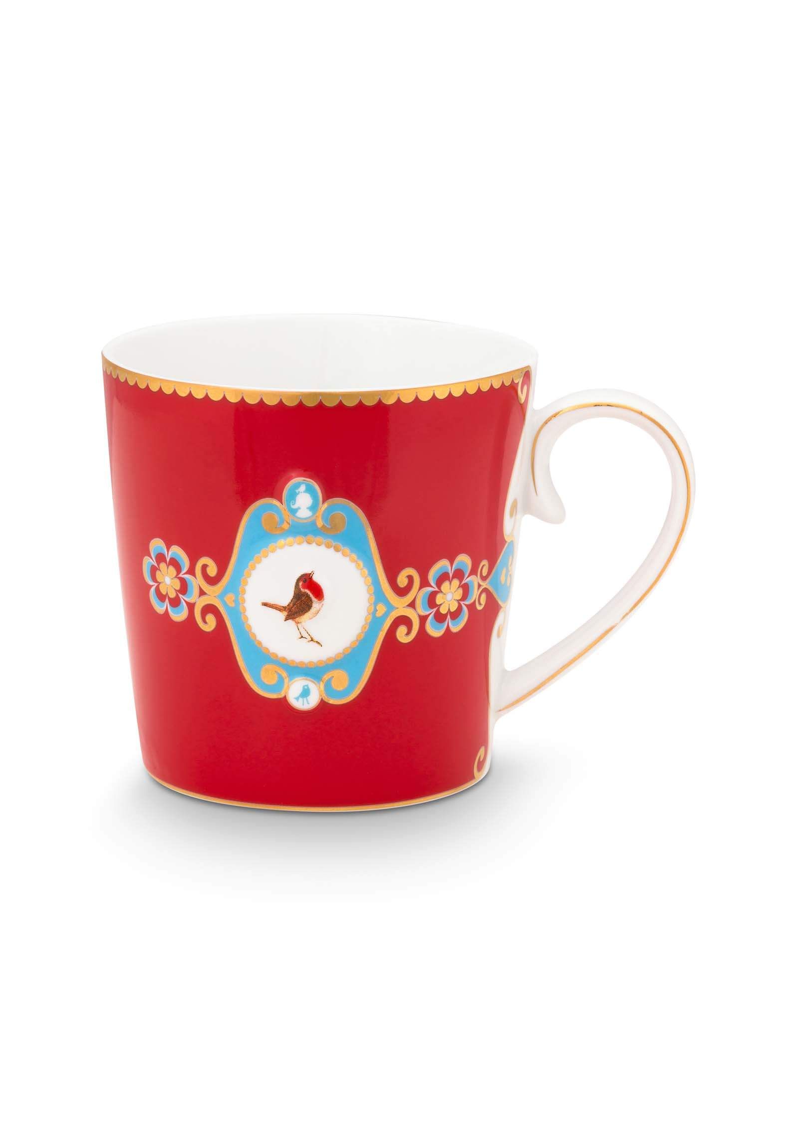 Set/2 Mugs Large Love Birds Medallion Red
