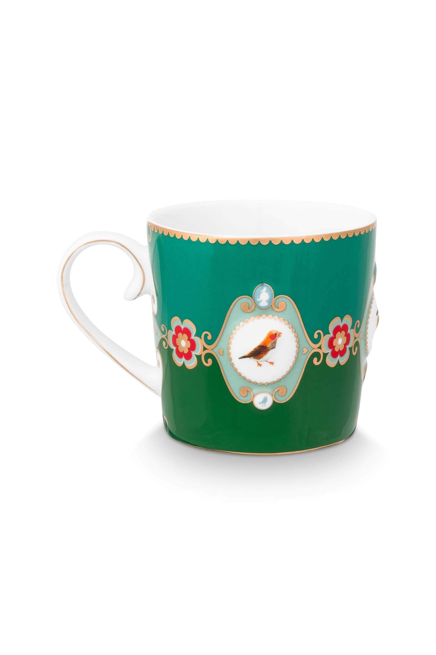 Set/2 Mugs Large Love Birds Medallion Emerald-Green