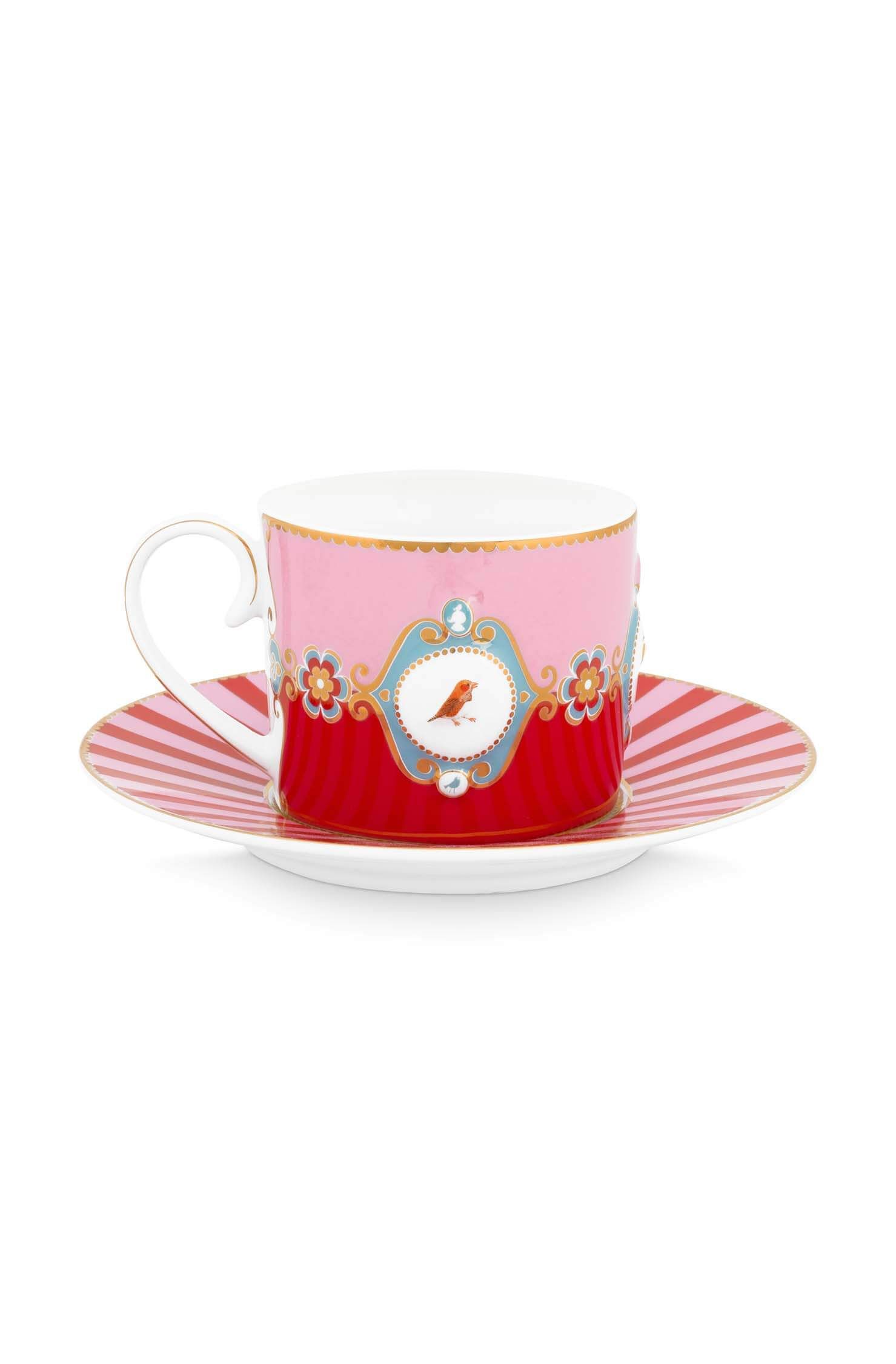 Set/2 Cups & Saucers Love Birds Medallion Red-Pink