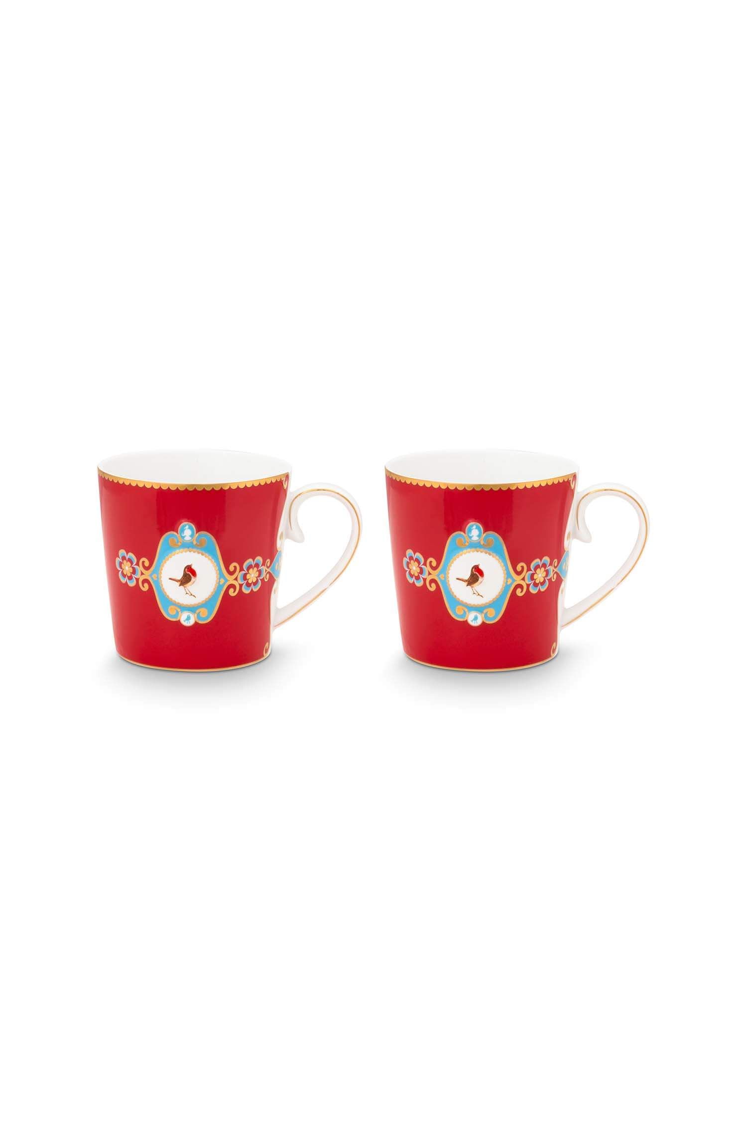 Set/2 Mugs Large Love Birds Medallion Red