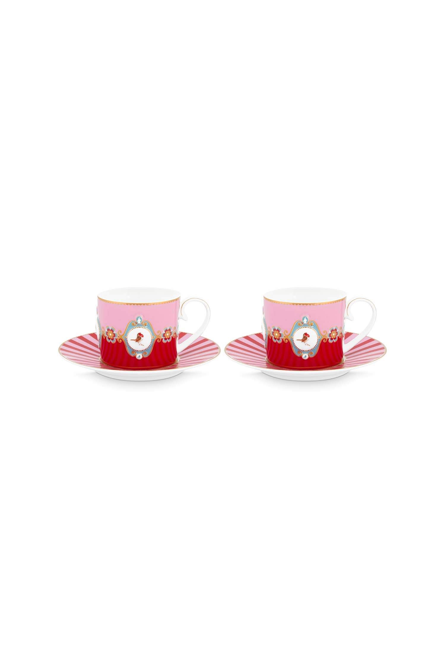 Set/2 Cups & Saucers Love Birds Medallion Red-Pink