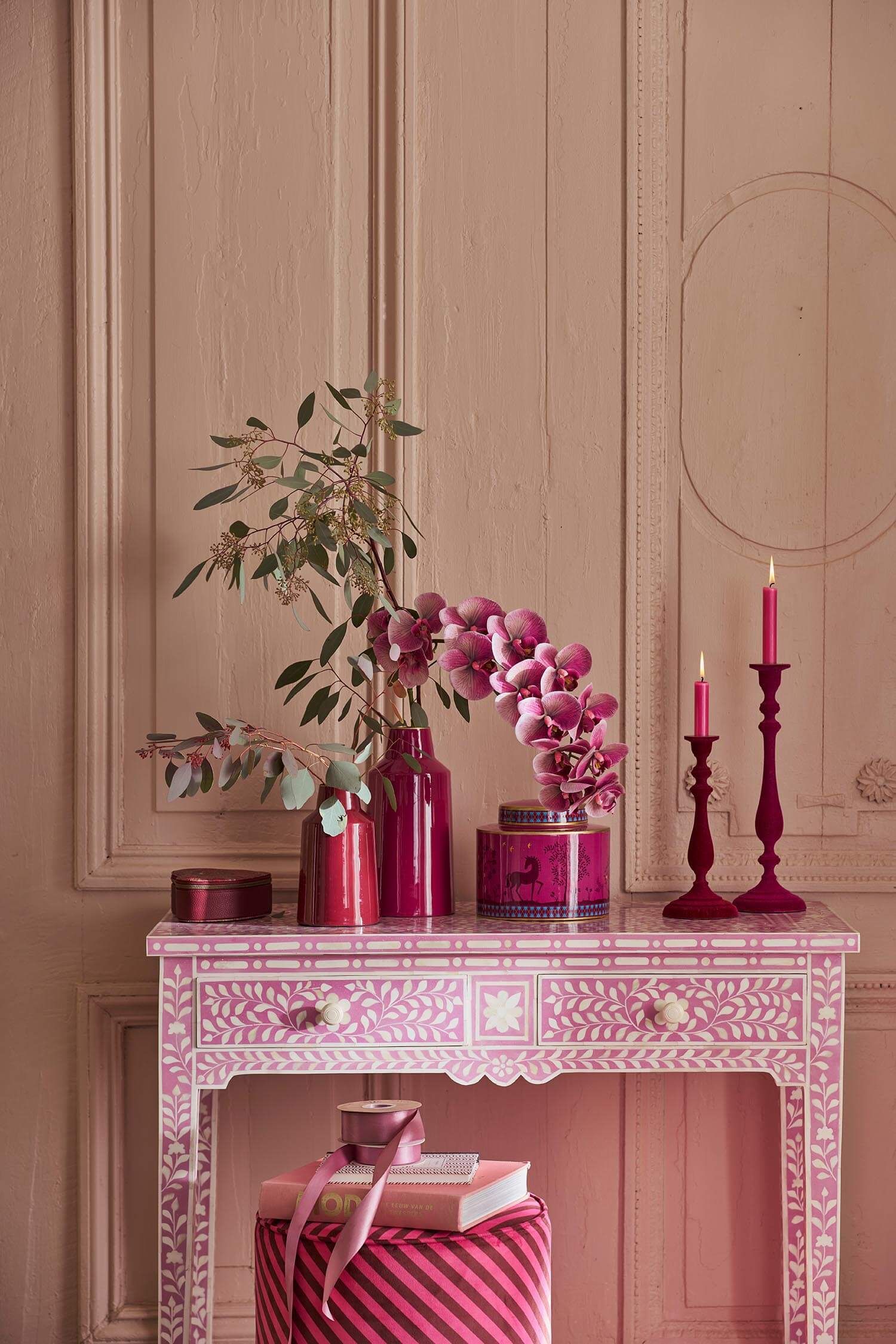 Candle Holder Velvet Pink 37cm