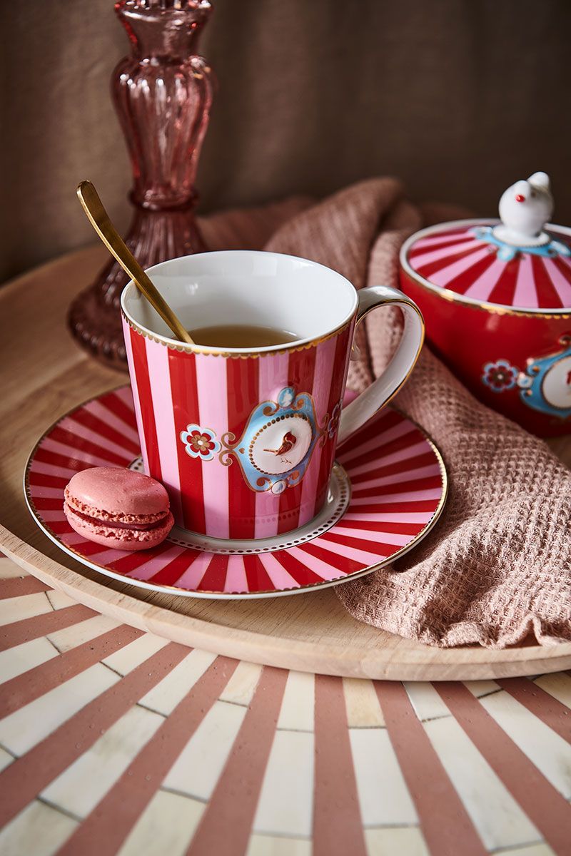 Mug Large Love Birds Medallion Stripes Red-Pink