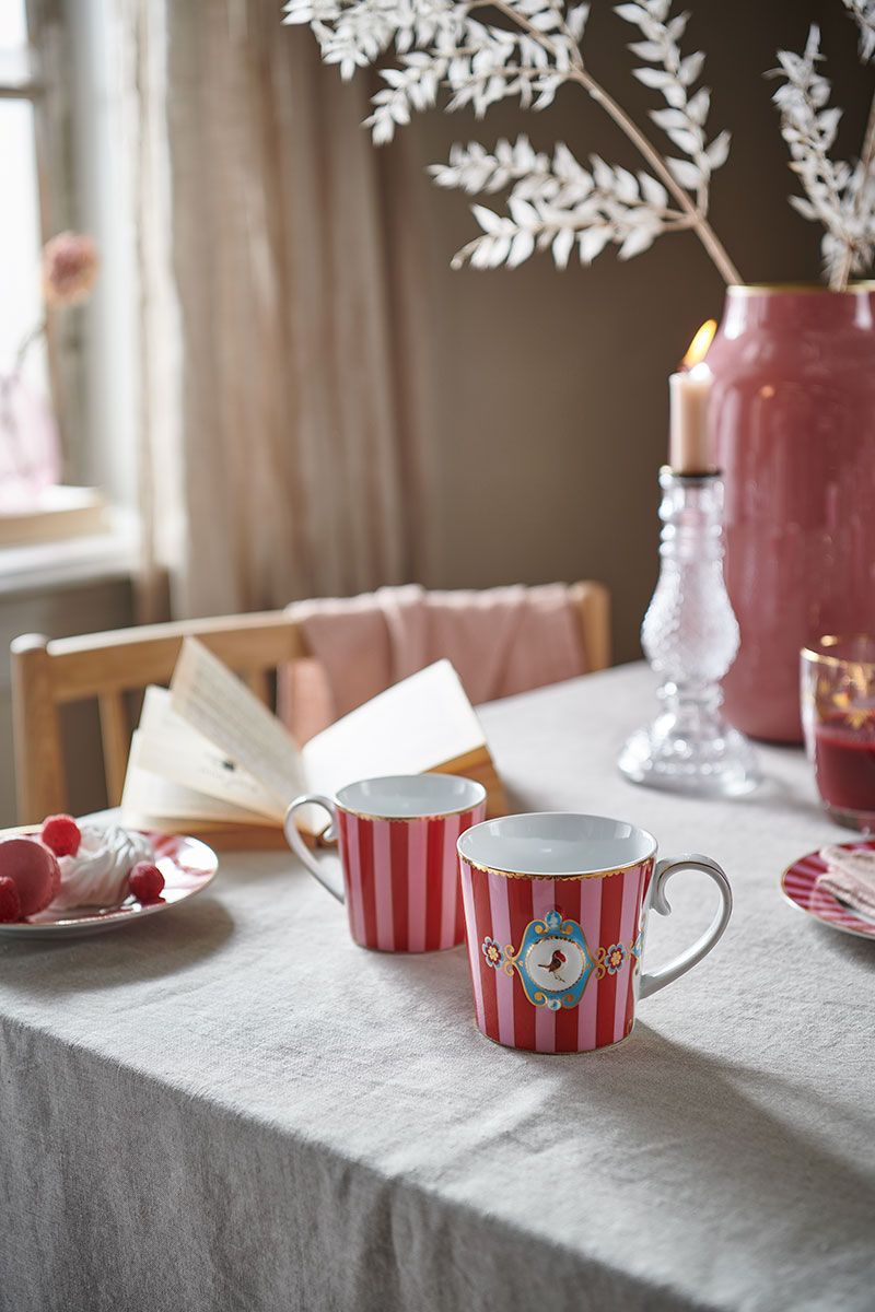 Mug Large Love Birds Medallion Stripes Red-Pink