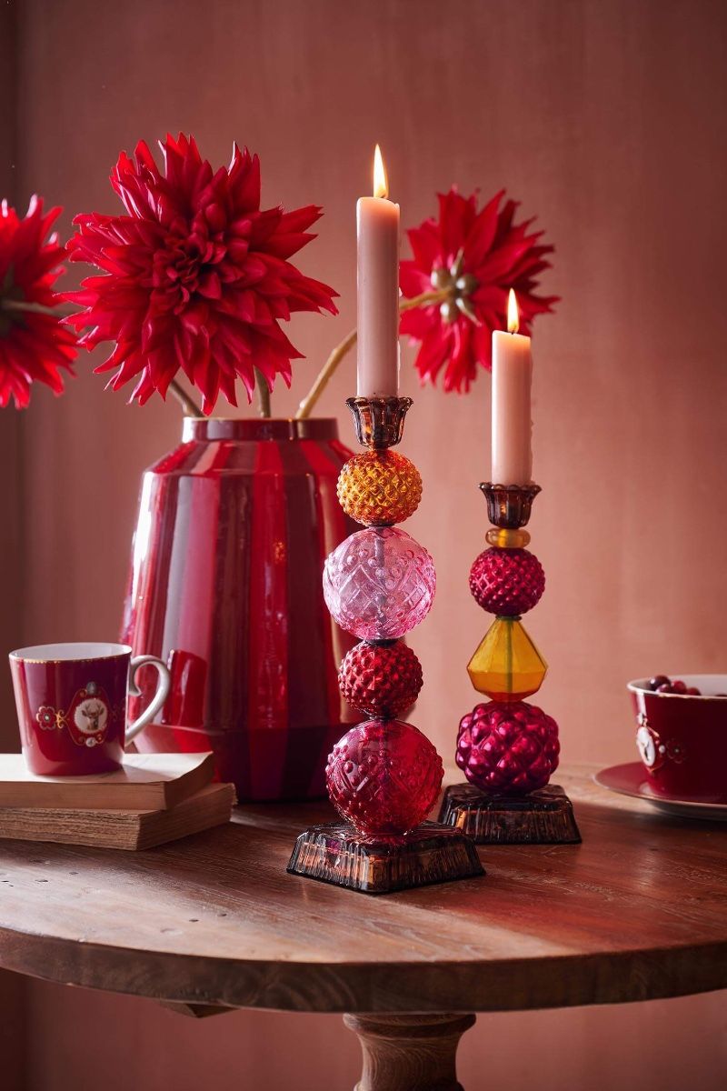 Candle Holder Glass Bead Red/Yellow 30cm