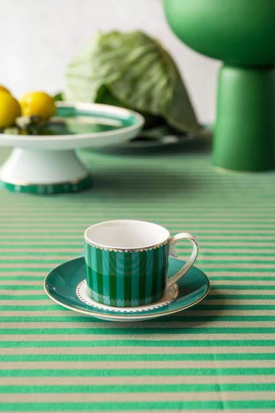 Espresso Cup & Saucer Love Birds Stripes Emerald-Green