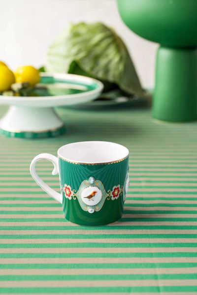 Set/2 Mugs Small Love Birds Medallion Emerald-Green