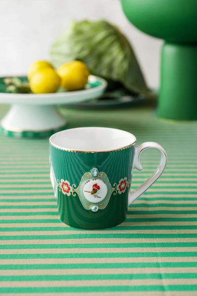 Set/2 Mugs Large Love Birds Medallion Emerald-Green