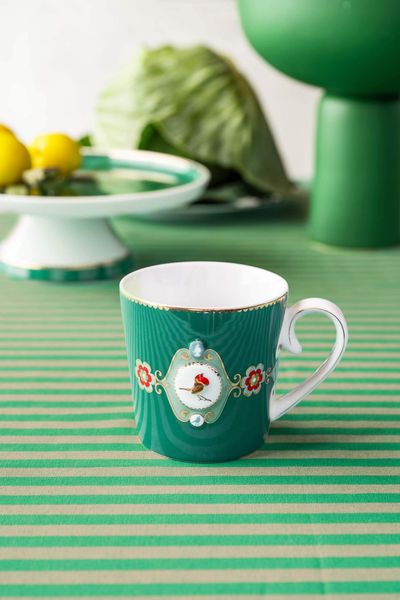 Set/2 Mugs Small Love Birds Medallion Emerald