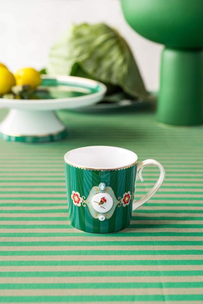 Set/2 Mugs Small Love Birds Medallion Stripes Emerald-Green