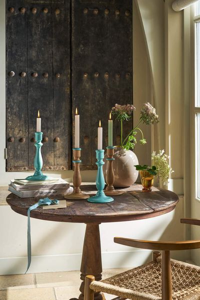Candle Holder Wood Natural-Blue