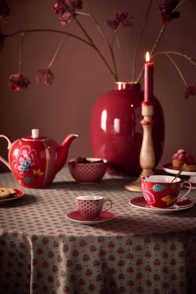 Set/2 Espresso Cups & Saucers Blooming Tales Dark Red 120ml